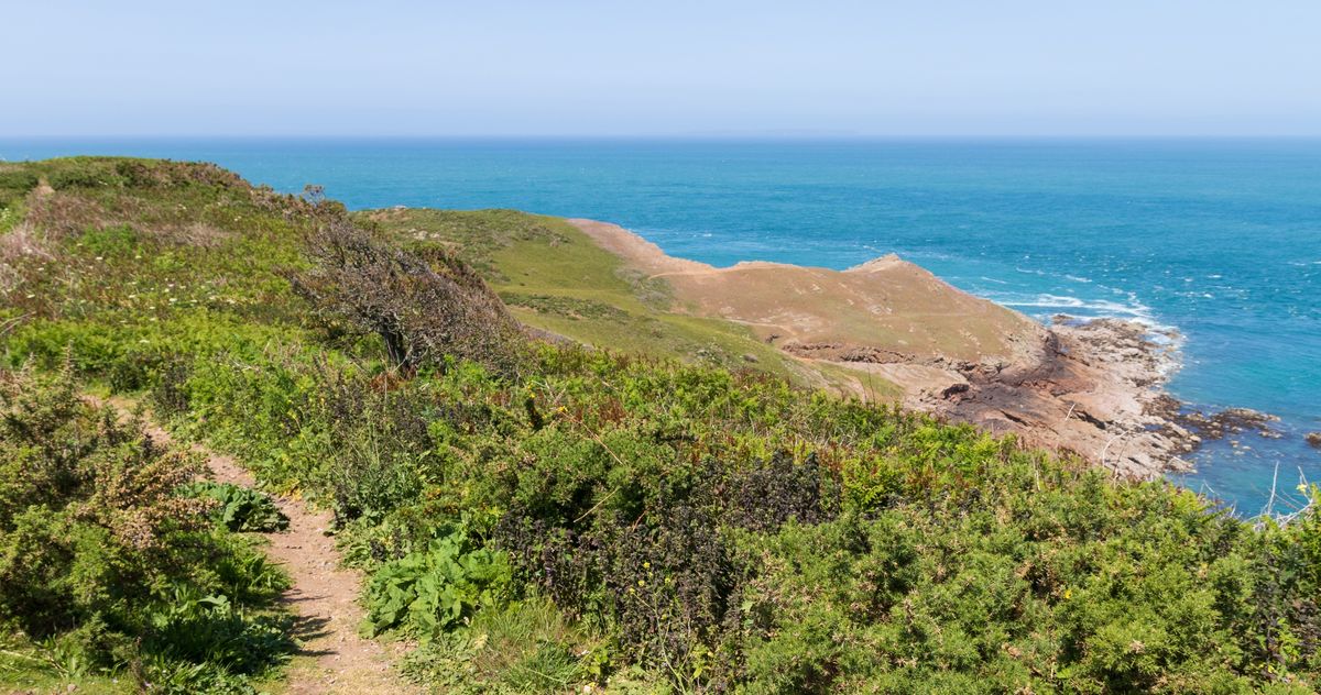 Cliffs and sea on the north coast of Jersey, Channel Islands, seen from the Plémont headland.