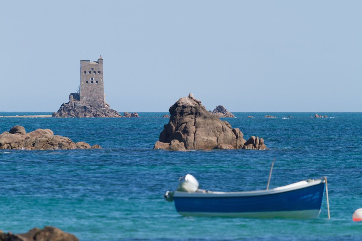 Seymour Tower on the rocks off the south-east coast of Jersey, Channel Islands, at low tide.